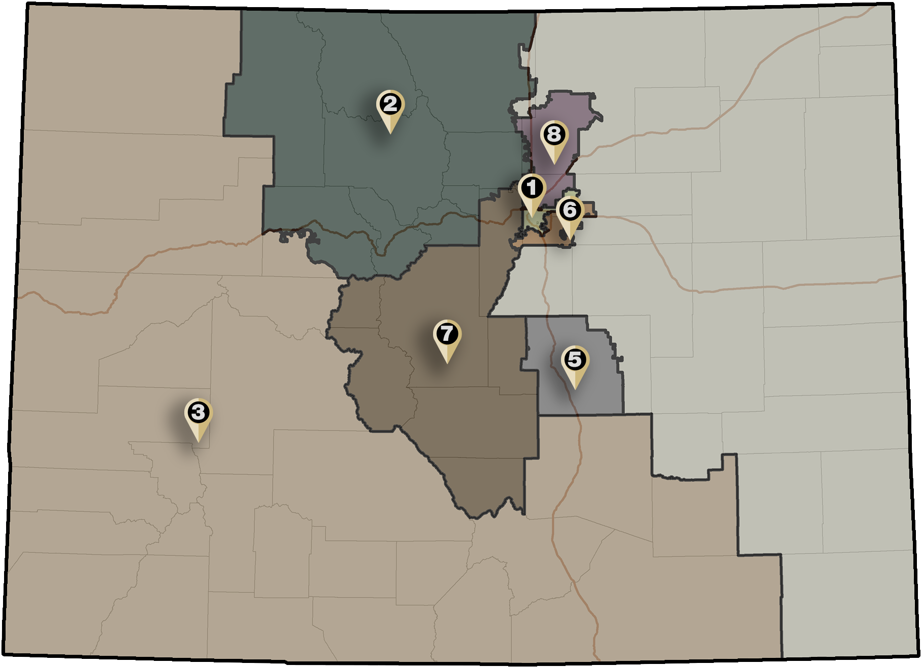 Map of the State of Colorado showing 8 Congressional Districts