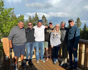 (Left to Right) Regent Gallegos, President Saliman, Regents McNulty, VanDriel, Rennison, Smith, and Montera at the CU Boulder Mountain Research Station