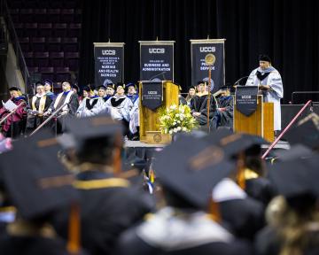 Regent Gallegos reads the Norlin Charge at the December 2023 UCCS Commencement