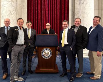 (Left) Regents VanDriel, Montera, Hood, Chavez, President Saliman, Regents Scott, and McNulty attend a reception during the 2025 Colorado Capital Conference